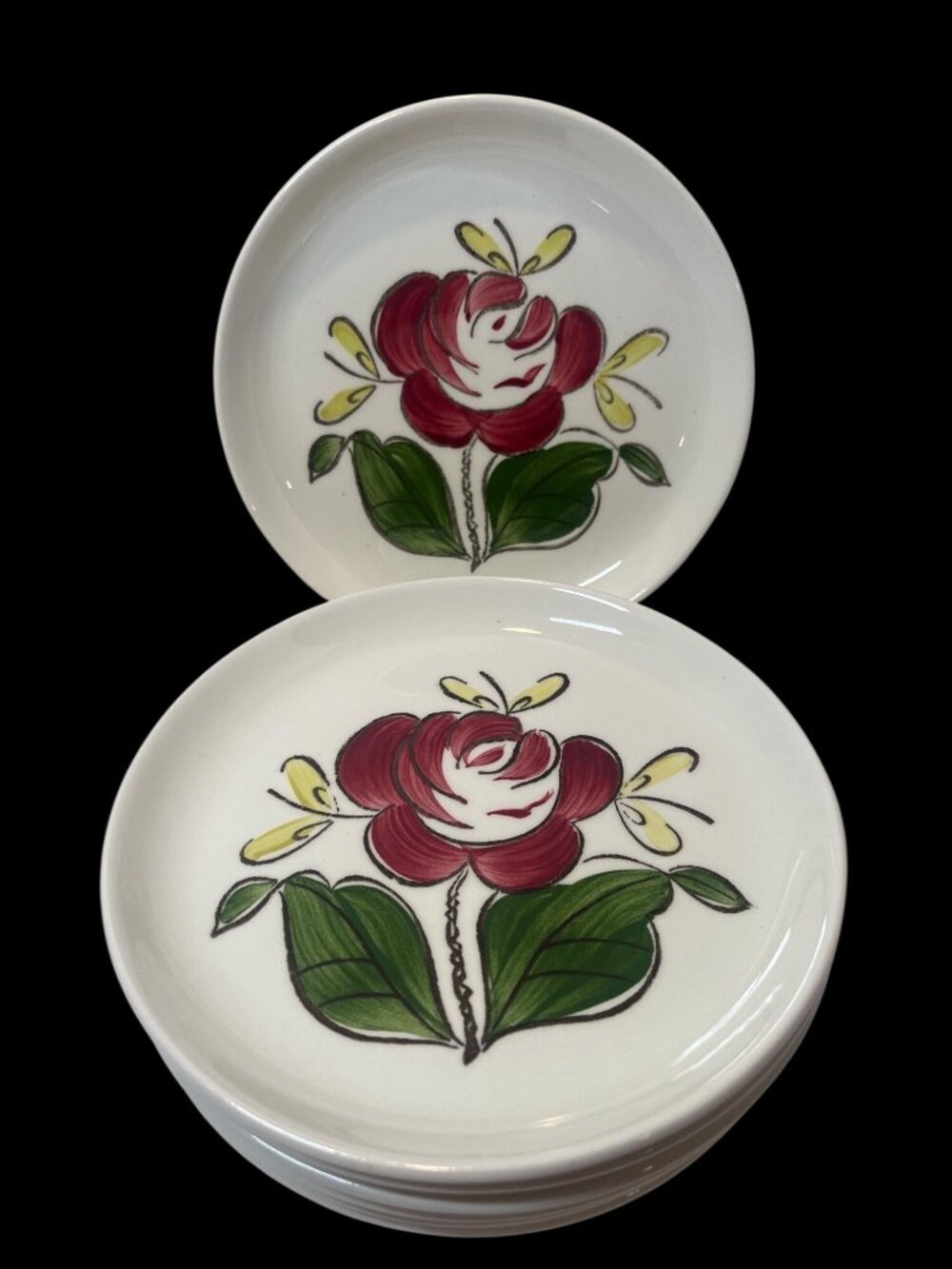 Vintage Stetson Hand Painted Floral Salad Plates Set Of 7 6" Diameter Red Rose D
